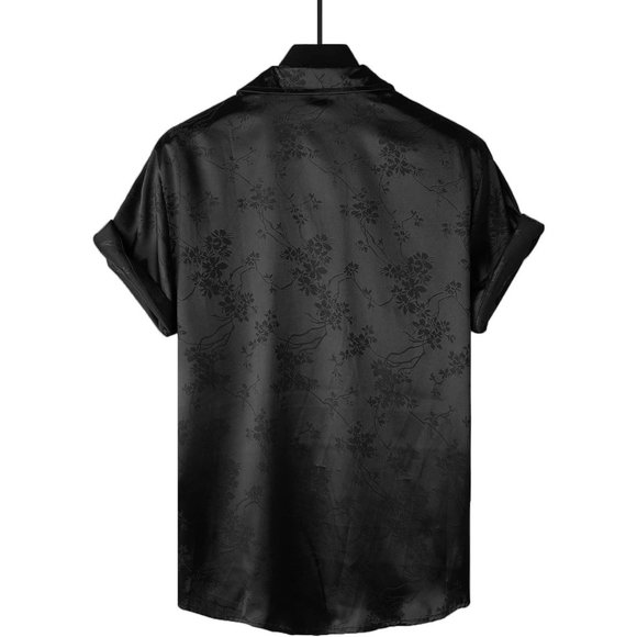 Men's Satin Floral Print Button Down Front Lapel Collar Solid Short Sleeve Shirt - Picture 4 of 9
